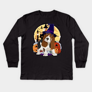 Basset Hound Scary Dog Halloween Witch Pumpkin Kids Long Sleeve T-Shirt